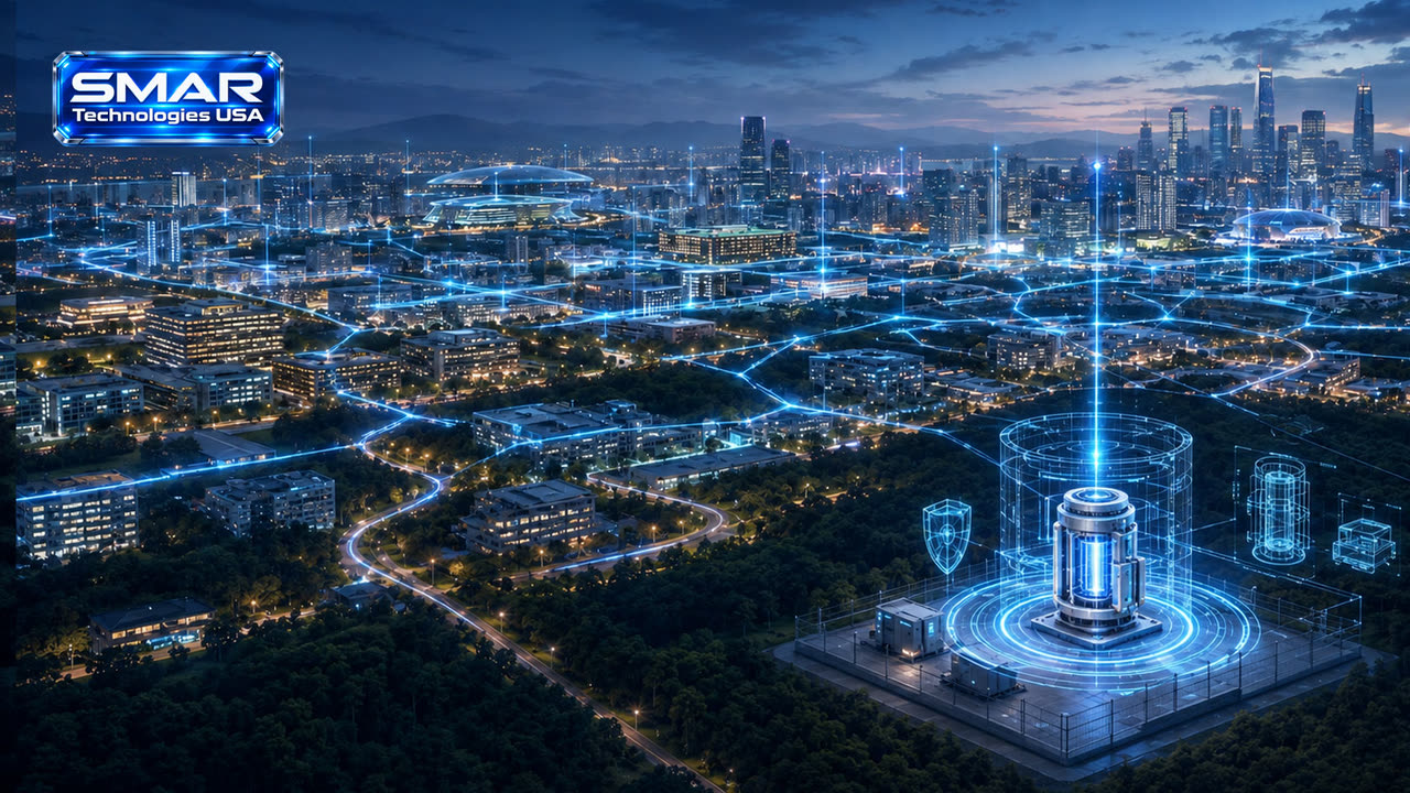 An SMR unit feeding a city grid at night, energy links radiating across the skyline