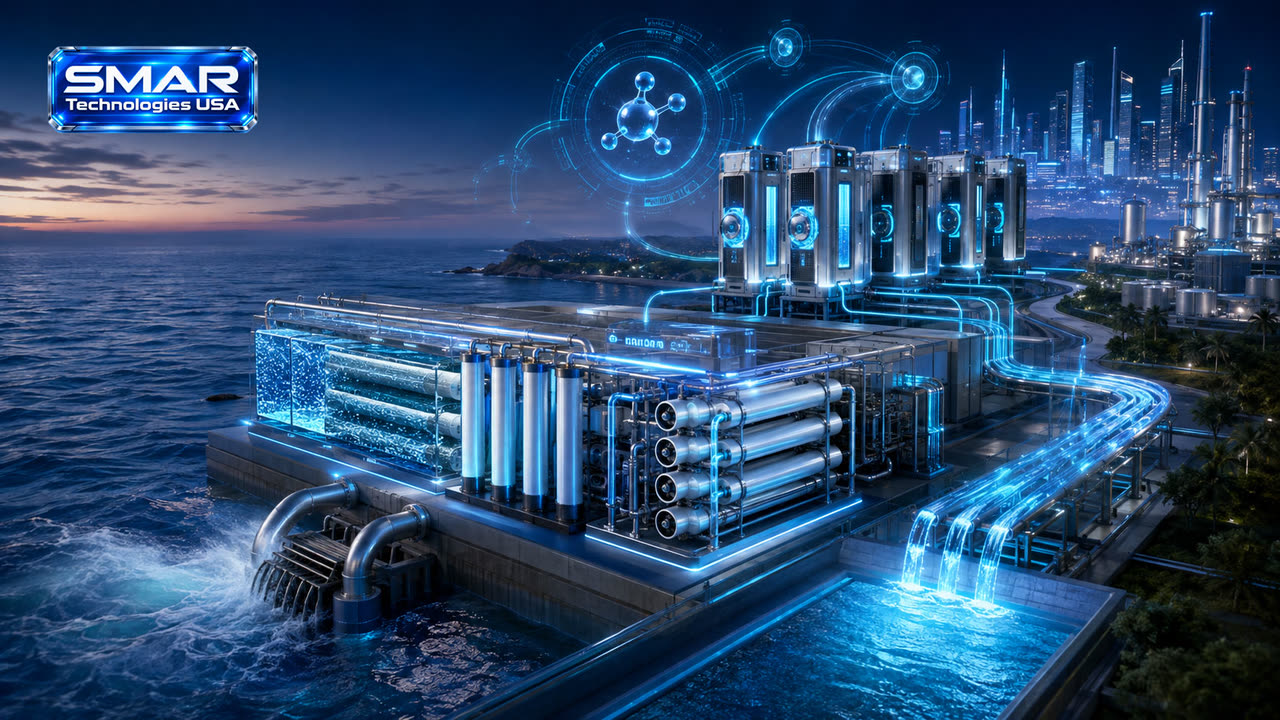 A coastal desalination plant with reverse-osmosis trains drawing seawater and delivering fresh water