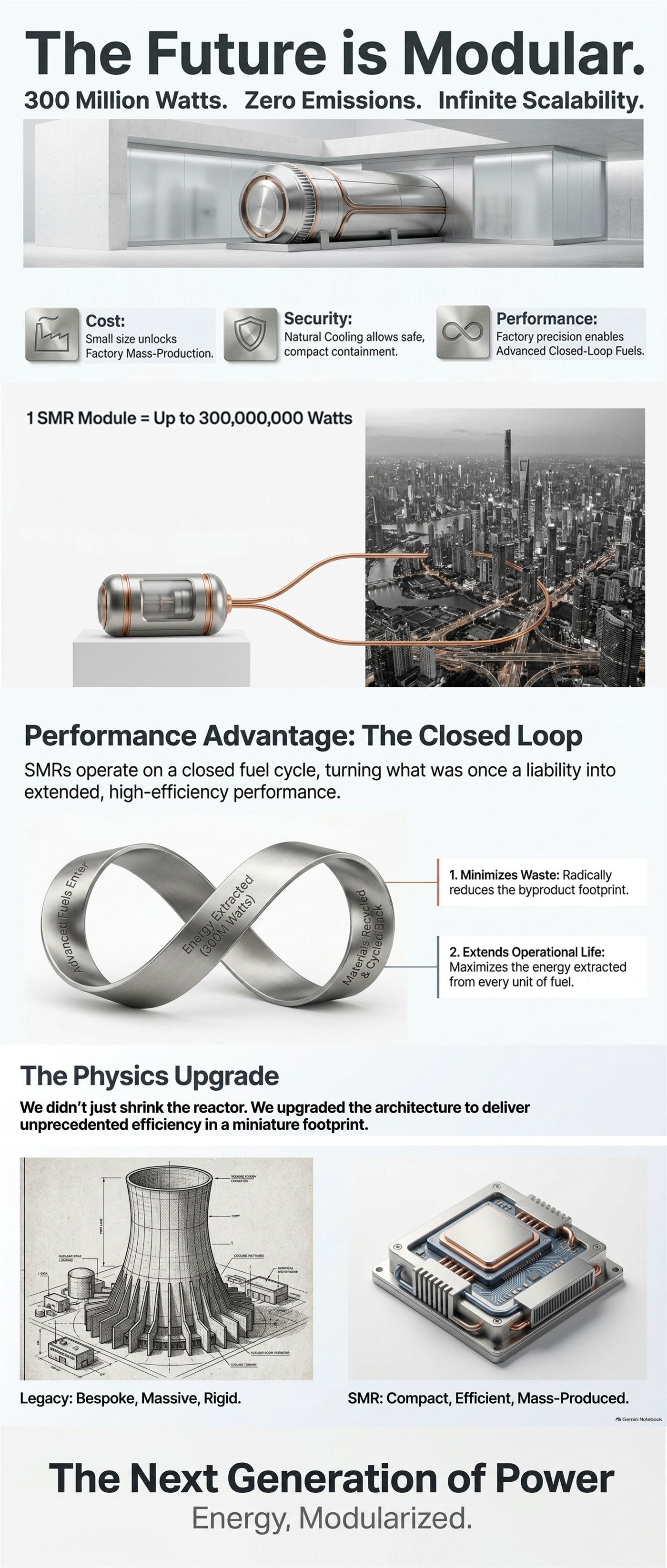The Future is Modular — 300 million watts, zero emissions, infinite scalability: cost, security and performance advantages, one SMR module powering a city, the closed fuel loop, and the physics upgrade from legacy plants to compact mass-produced reactors